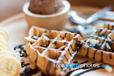 Belgian Waffles With Strawberry, Cherry, Blueberry, And Chocolat… Stock Photo