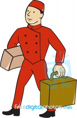 Bellboy Bellhop Carry Luggage Cartoon Stock Image