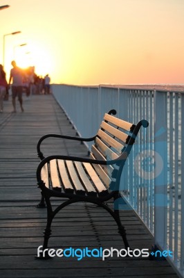 Bench At Sunrise Stock Photo