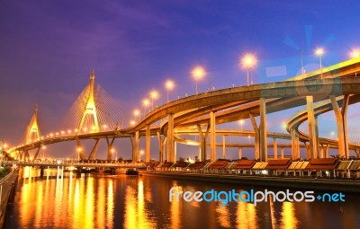 Bhumibol Bridge Under Twilight, Bangkok, Thailand Stock Photo