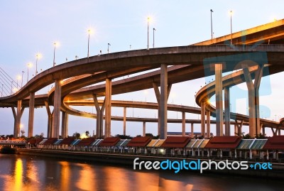 Bhumibol Bridge Under Twilight, Bangkok, Thailand Stock Photo