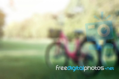 Bicycle On Lawn With Blurred Images Stock Photo