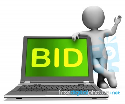 Bid Laptop And Character Shows Bidder Bidding Or Auctions Online… Stock Image