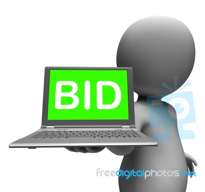 Bid Laptop Character Shows Bids Bidding Or Auction Online Stock Image