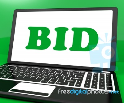 Bid On Laptop Shows Bidder Bidding Or Auction Online Stock Image