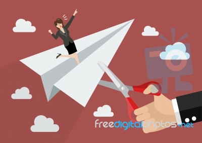 Big Businessman Hand Cutting Rival Paper Rocket Stock Image