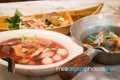 Big Meal Of Thai Styled Noodle Soup Stock Photo