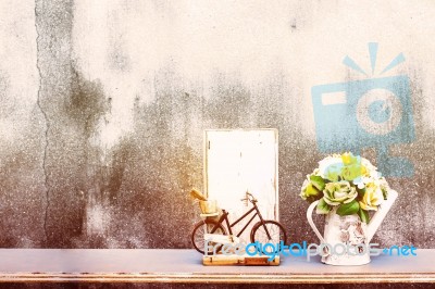 Bike Wood And Vases On Wooden Stock Photo