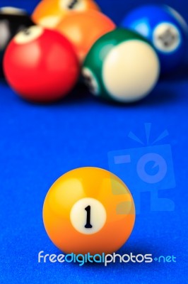 Billiard Balls In A Blue Pool Table Stock Photo