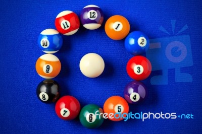 Billiard Balls In A Blue Pool Table Stock Photo