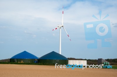 Biogas Plant With Wind Turbine Stock Photo