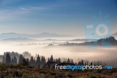 Bird Flying Over Hills And Village. Foggy Morning In Mountains Stock Photo