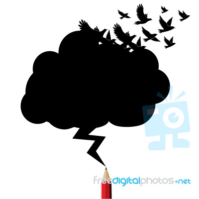 Birds Black Cloud And Lightning Drawing By Red Pencil With Educa… Stock Image