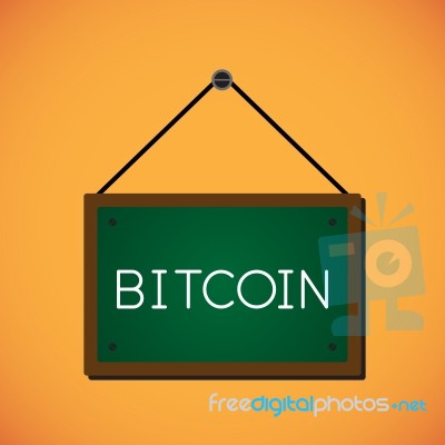 Bitcoin With Hanging Wood Sign Board Stock Image