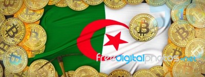 Bitcoins Gold Around Algeria Algeria Flag And Pickaxe On The Lef… Stock Image