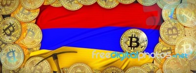 Bitcoins Gold Around Armenia  Flag And Pickaxe On The Left.3d Il… Stock Image