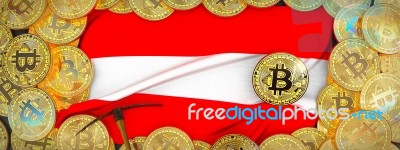 Bitcoins Gold Around Austria  Flag And Pickaxe On The Left.3d Il… Stock Image