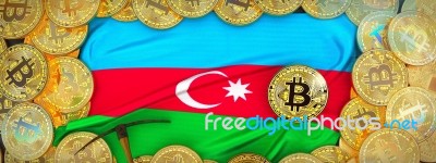 Bitcoins Gold Around Azerbaijan  Flag And Pickaxe On The Left.3d… Stock Image