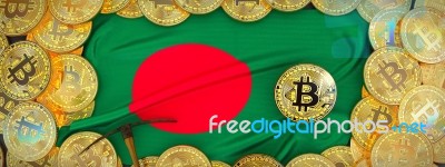 Bitcoins Gold Around Bangladesh  Flag And Pickaxe On The Left.3d… Stock Image