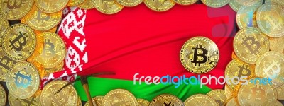 Bitcoins Gold Around Belarus  Flag And Pickaxe On The Left.3d Il… Stock Image