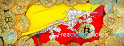 Bitcoins Gold Around Bhutan  Flag And Pickaxe On The Left.3d Ill… Stock Image
