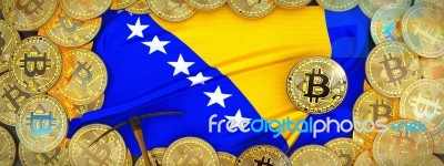 Bitcoins Gold Around Bosnia And Her  Flag And Pickaxe On The Lef… Stock Image