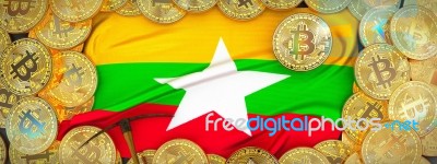 Bitcoins Gold Around Burma  Flag And Pickaxe On The Left.3d Illu… Stock Image