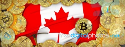 Bitcoins Gold Around Canada  Flag And Pickaxe On The Left.3d Ill… Stock Image