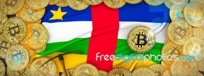 Bitcoins Gold Around Central African  Flag And Pickaxe On The Le… Stock Image