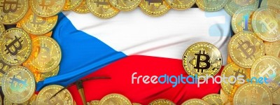 Bitcoins Gold Around Czech  Flag And Pickaxe On The Left.3d Illu… Stock Image