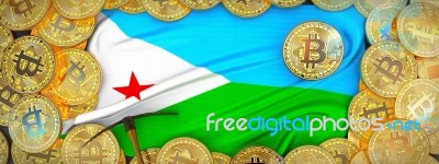 Bitcoins Gold Around Djibouti  Flag And Pickaxe On The Left.3d I… Stock Image