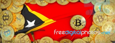 Bitcoins Gold Around East Timor  Flag And Pickaxe On The Left.3d… Stock Image