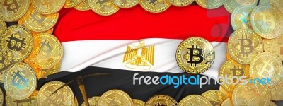 Bitcoins Gold Around Egypt  Flag And Pickaxe On The Left.3d Illu… Stock Image