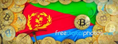 Bitcoins Gold Around Eritrea  Flag And Pickaxe On The Left.3d Il… Stock Image