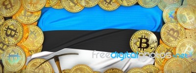 Bitcoins Gold Around Estonia  Flag And Pickaxe On The Left.3d Il… Stock Image