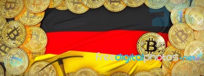 Bitcoins Gold Around Germany  Flag And Pickaxe On The Left.3d Il… Stock Image