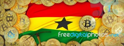 Bitcoins Gold Around Ghana  Flag And Pickaxe On The Left.3d Illu… Stock Image