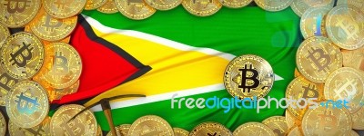 Bitcoins Gold Around Guyana  Flag And Pickaxe On The Left.3d Ill… Stock Image