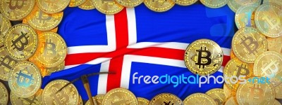 Bitcoins Gold Around Iceland  Flag And Pickaxe On The Left.3d Il… Stock Image