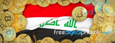 Bitcoins Gold Around Iraq  Flag And Pickaxe On The Left.3d Illus… Stock Image