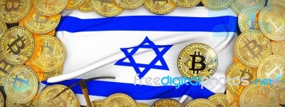 Bitcoins Gold Around Israel  Flag And Pickaxe On The Left.3d Ill… Stock Image