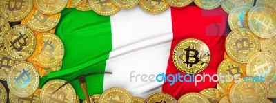 Bitcoins Gold Around Italy  Flag And Pickaxe On The Left.3d Illu… Stock Image