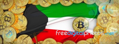 Bitcoins Gold Around Kuwait  Flag And Pickaxe On The Left.3d Ill… Stock Image