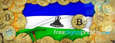 Bitcoins Gold Around Lesoto  Flag And Pickaxe On The Left.3d Ill… Stock Image