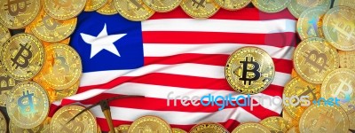 Bitcoins Gold Around Liberia  Flag And Pickaxe On The Left.3d Il… Stock Image