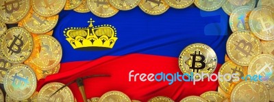 Bitcoins Gold Around Liechtenstein  Flag And Pickaxe On The Left… Stock Image