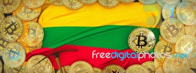 Bitcoins Gold Around Lithuania  Flag And Pickaxe On The Left.3d Stock Image