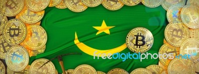 Bitcoins Gold Around Mauritania  Flag And Pickaxe On The Left.3d… Stock Image