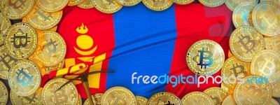 Bitcoins Gold Around Mongolia  Flag And Pickaxe On The Left.3d I… Stock Image