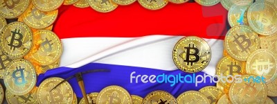 Bitcoins Gold Around Netherlands  Flag And Pickaxe On The Left.3… Stock Image